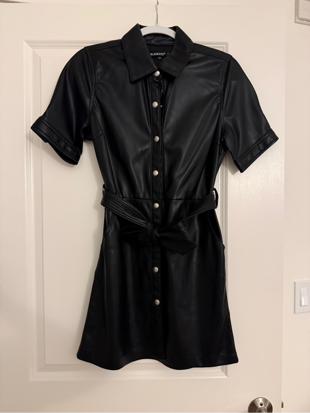 Blank NYC Black Faux Leather Shirt Dress with Belt and Pockets